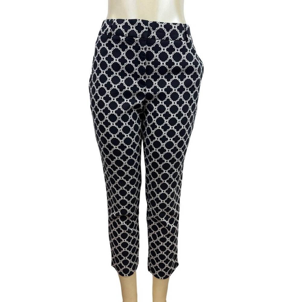 Talbots Women Black & White Geometric Print Cropped Pants With Belt Loops Sz 10P